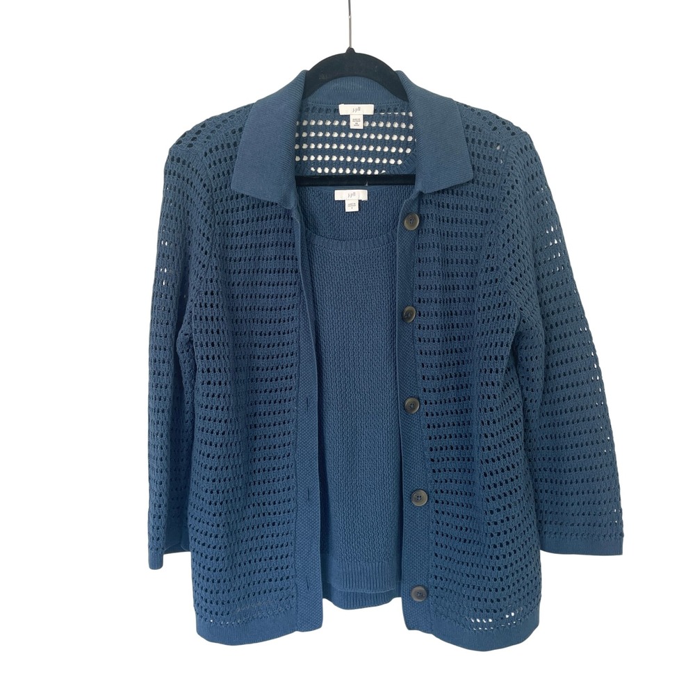 J. Jill Blue‎ 2 Piece Knit Sweater Tank Cardigan Set Collared Open Weave XSP